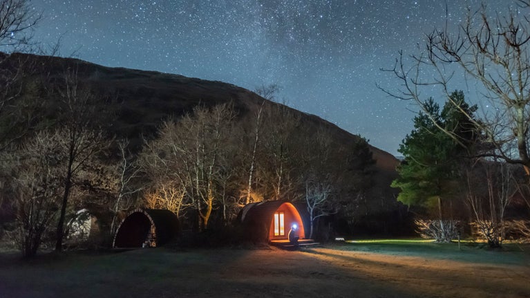 The camping pods at Wasdale Campsite at night, Cumbria